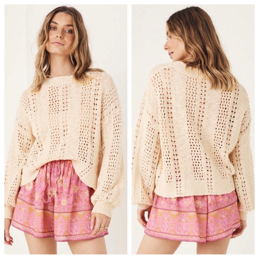 SPELL Road to Paradise Knit Jumper in Wheat Open Knit Pullover Sweater Boxy Fit